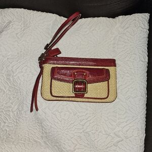 Coach Legacy Gigi Red Leather Suede & Straw Woven Buckle Wristlet Purse